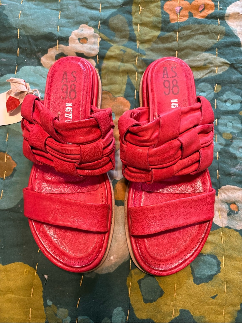 A.S.98 Bright Red Woven Leather Slide Sandals